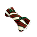 A plush dog toy in the shape of a wrapped candy. It consists of a tube with both ends pinched together with green ribbons tied in bows around the pinched parts. The fabric is a striped pattern consisting of broad white stripes alternating with a green-red-green-red-green-red pattern of narrower stripes.