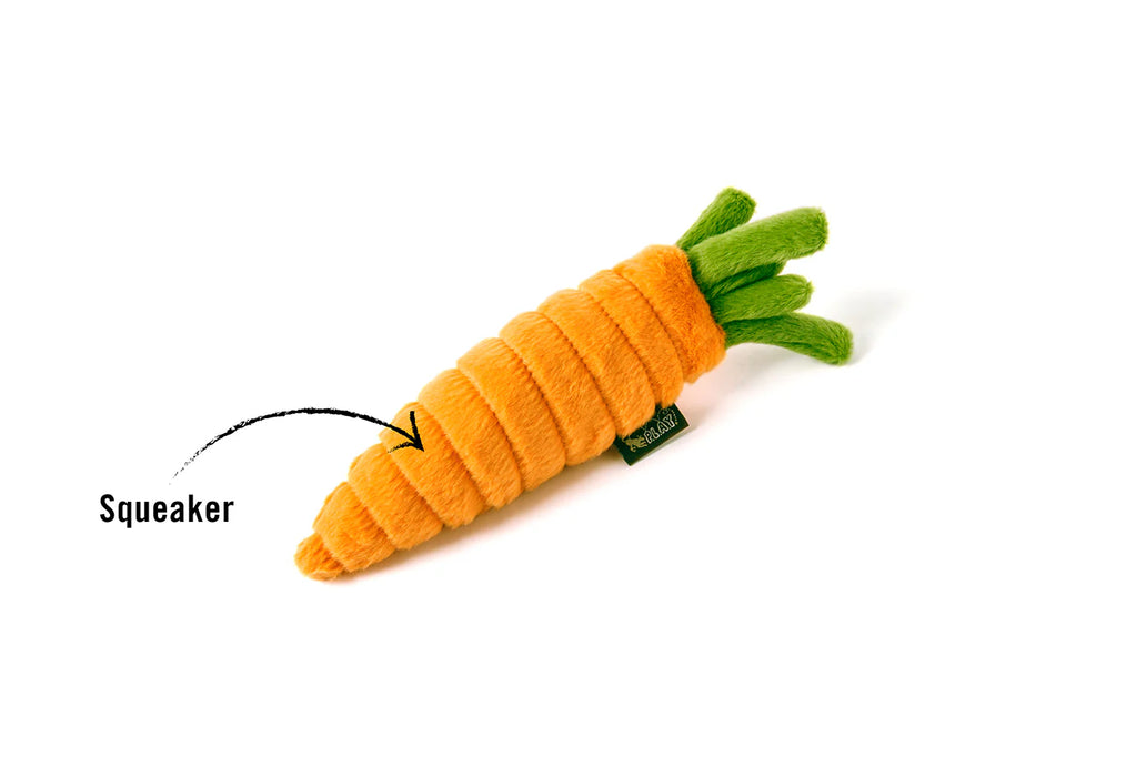 Orange plush carrot with green leaves coming from the top. There's a squeaker inside near the tip of the carrot.