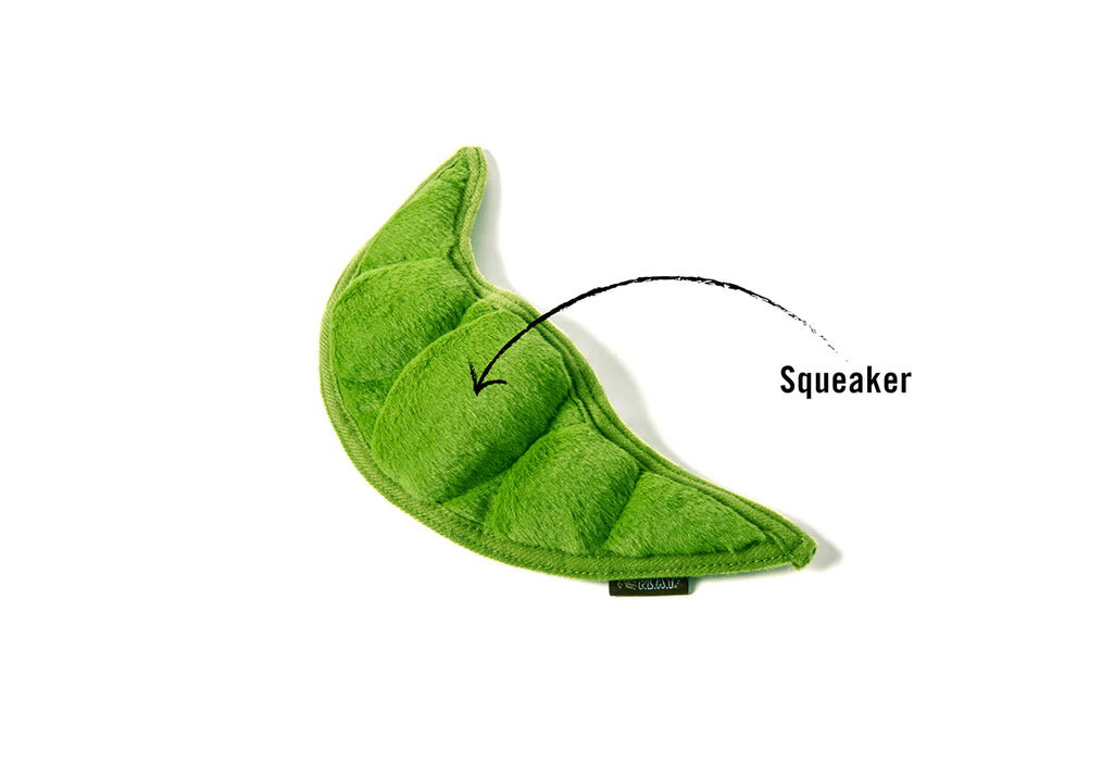 Bright green plush peapod with a squeaker in the middle.