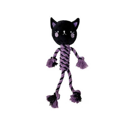 Black and purple dog toy with a plush black cat head and a black and purple twisted rope body. It has rope arms and legs with frizzled ends where the hands and feet would be.