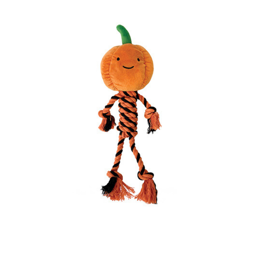 Orange and black dog toy with a plush orange pumpkin head and a black and orange twisted rope body. It has rope arms and legs with frizzled ends where the hands and feet would be.