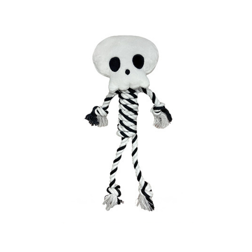 Black and white dog toy with a plush white skeleton head and a black and white twisted rope body. It has rope arms and legs with frizzled ends where the hands and feet would be.