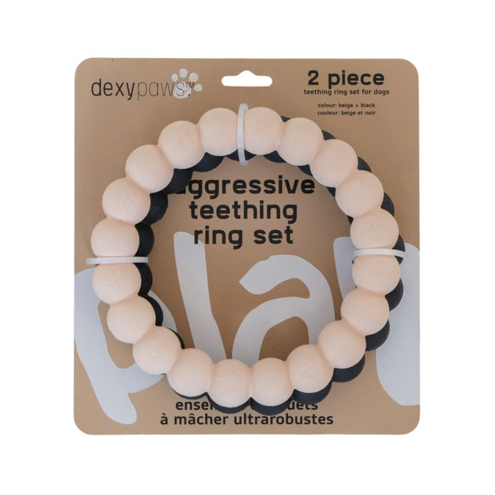 Dexypaws 2 Piece Aggressive Teething Ring Set (Beige and Black)