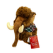 A plush dog toy shaped like a woolly mammoth. It's made from long plush brown fabric with shorter tufts on its trunk, the inside of its ears, and the base of its feet. It has two tusks made of ivory coloured fabric and its wear a plaid shawl type scarf with green and red checks and a white line.