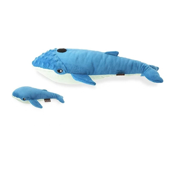 The two plush whales shown separated. The larger parent whale has a round black piece of velcro on its head where the baby whale attaches.