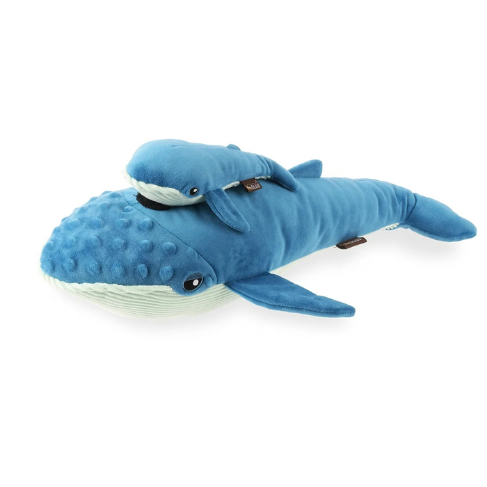 Plush dog toys that look like two blue whales, a larger parent whale and a smaller baby whale attached to the top of the larger whale with velcro. Both whales are blue on their top halves with corduroy textured very light teal fabric on their bottom halves. The larger whale has a raised bumpy texture on its head and nose. The eyes of both whales are stitched on with black thread and have a white spot on them.