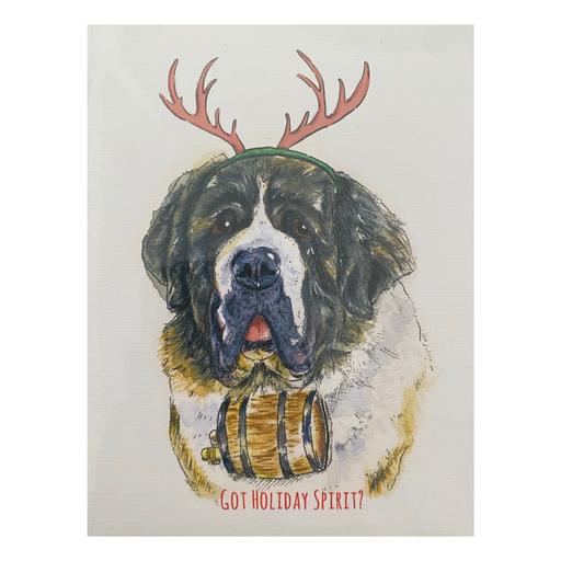 A line and watercolour painting of a forward facing Saint Bernard head and upper torso. It's wearing a small barrel around its neck, and on its head are red reindeer antlers on a green band. Below the painting are the words "Got holiday spirit?" in all caps printed text.