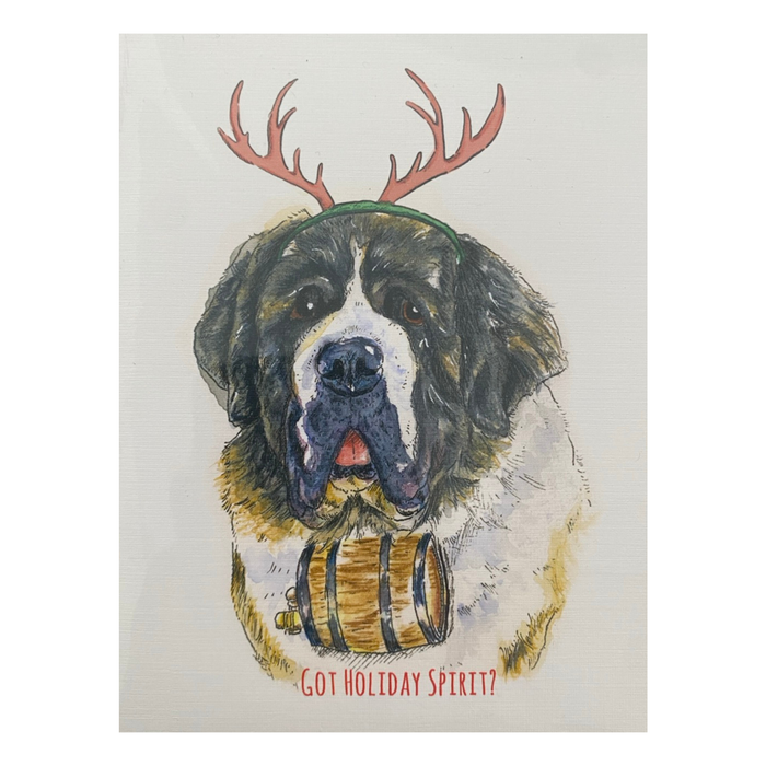 A line and watercolour painting of a forward facing Saint Bernard head and upper torso. It's wearing a small barrel around its neck, and on its head are red reindeer antlers on a green band. Below the painting are the words "Got holiday spirit?" in all caps printed text.