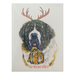 A line and watercolour painting of a forward facing Saint Bernard head and upper torso. It's wearing a small barrel around its neck, and on its head are red reindeer antlers on a green band. Below the painting are the words "Got holiday spirit?" in all caps printed text.