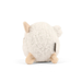 Side view of a dog toy shaped like a round woolly sheep. It has a white fleece and beige ears and legs, as well as a round white fleece tail.