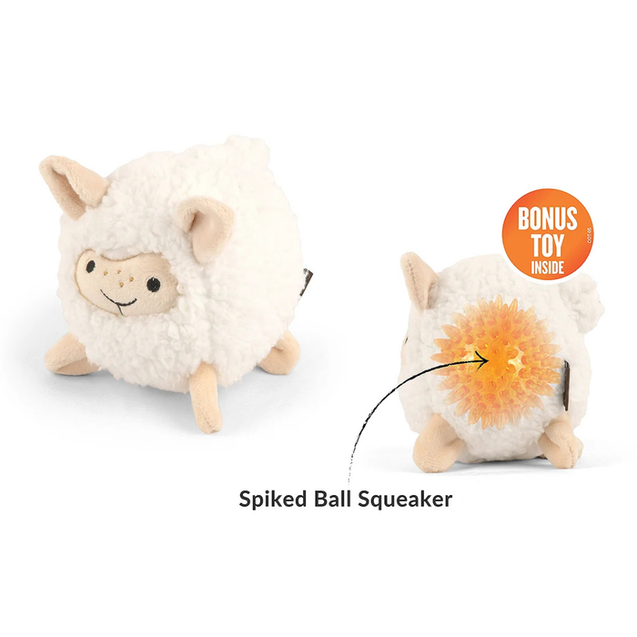 A demonstration of what's inside a dog toy shaped like a round woolly sheep. It shows a spiky orange plastic squeaker ball that's hidden inside the plush sheep.