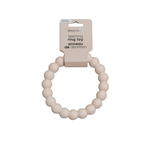 A nude-coloured dog toy made up of smaller fused spheres to create a larger ring.