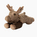 Plush dog toy in the shape of a moose. Its body is darker brown with longer plush fabric, and its hooves, antlers, and ears are made with shorter, lighter coloured plush fabric. Its eyes are green with a black centre.